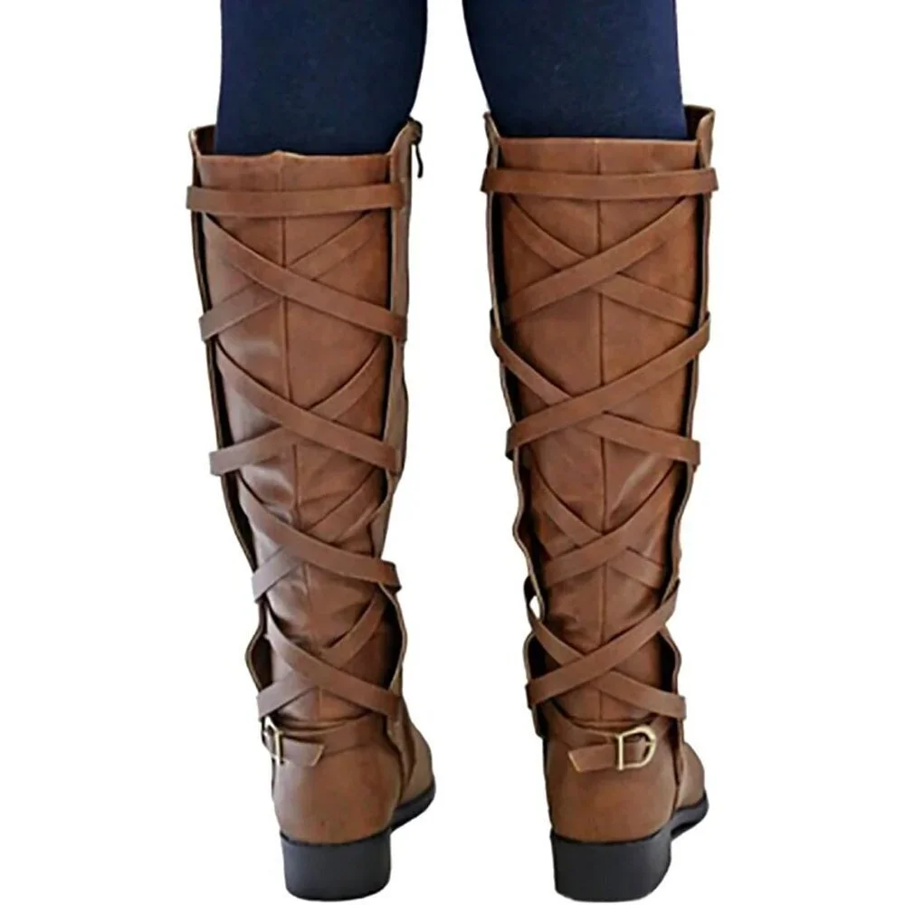 Womens Faux Leather Brown Strappy Motorcycle Knee High Riding Flat Lace Up Boots